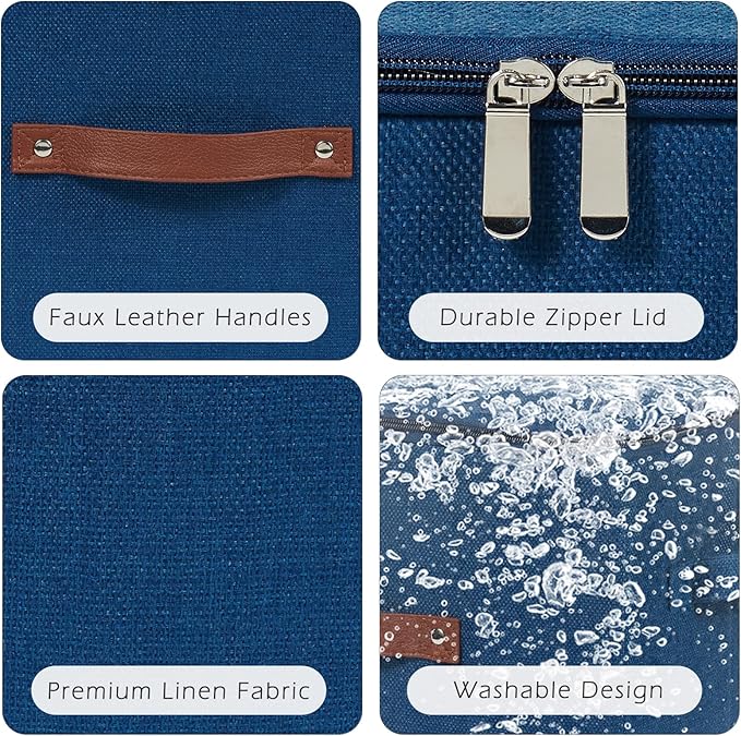 4 Pack Storage Bins with Zipper Lid Cotton Linen Fabric Lidded Storage Baskets Boxes Foldable Washable Closet Shelf Clothes Organizer Container with PU Leather Handles (Deep Blue, Large)