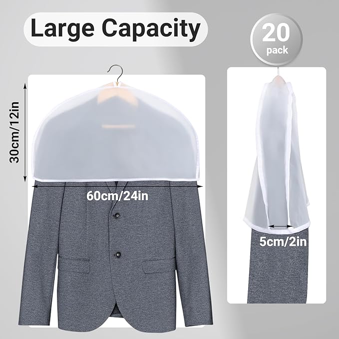 Shoulder Covers for Hanging Clothes, 24x12x2 inch, Pack of 20, Shoulder Cover for Closet Storage, Breathable Clear Plastic Clothes Cover for Hanging T Shirt, Suit, Coat, Jacket, Dress, Gown