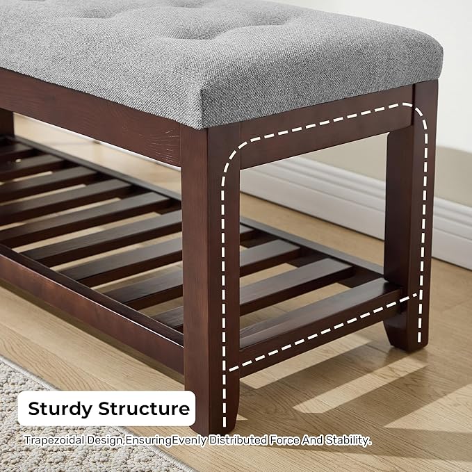 Shoe Bench Entryway, 44" End of Bed Bench,Upholstered Linen Bench for Living Room,Fabric Ottoman Bench with Solid Wood Shelf for Bedroom, Entrance Lightgrey