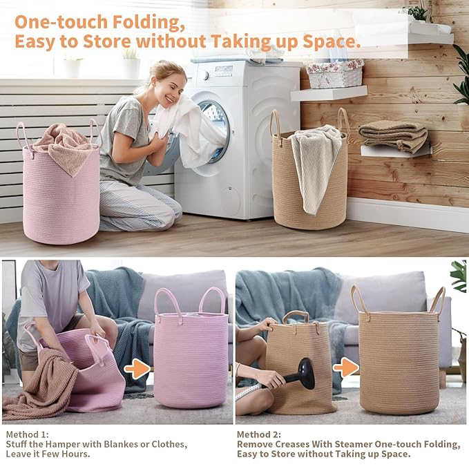 2-Pack Extra Large Cotton Rope Hamper Baskets – 15"x18" Oversized Woven Storage Bins for Blankets, Toys, Dirty Clothes – Pink & Beige Decorative Hamper for Nursery, Living Room, Laundry Room