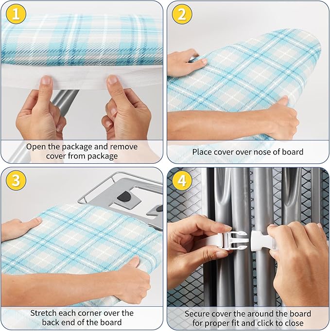 BNDX 15"x54" Ironing Board Cover – Aqua Plaid Design, Thick Padding with 2" Elastic Edge & Dual Buckles, Durable, Scorch & Stain Resistant