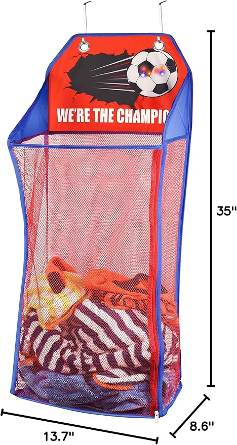 Store & Score Over The Door Hanging Kids Fun LED Basketball Light-Up Collapsible Mesh Laundry Hamper Basket, Toy Chest, Heavy Duty Metal Hooks Included. Patent Pending