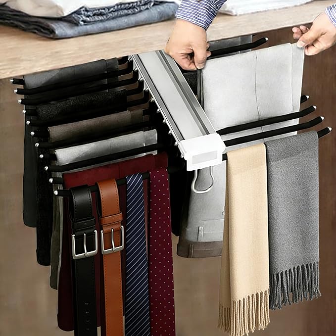 22 Arms Steel Slide Out Pants Rack Closet Pants Hanger Bar Pull Out Trousers Rack Tie Belts Scarf Racks, Top Mounted Wardrobe Clothes Organizers Rail Pull Out Closet Storage Rod-Black