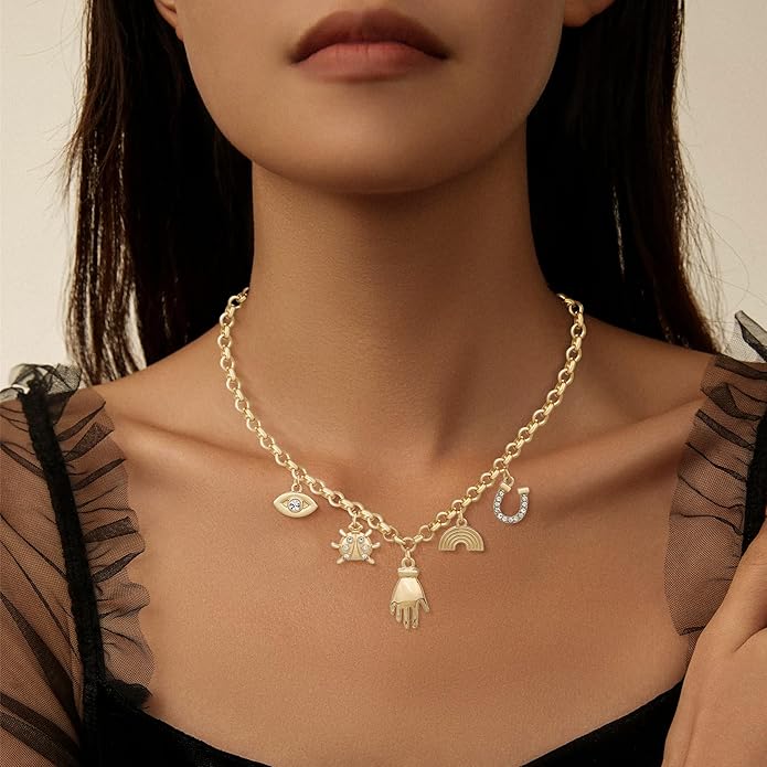 Chunky Gold Necklace for Women Gold Evil Eye Cowboy Pendant Necklace Dainty Paperclip Chain Vintage Luck Amulet Choker Necklaces Celestial Jewelry Gift