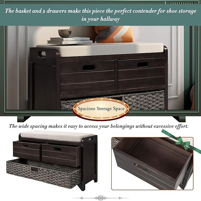 SOFTSEA Storage Bench Upholstered Storage Ottoman with Removable Basket and 2 Drawers, Farmhouse Shoe Bench with Seat Cushion, Full Assembled, Espresso
