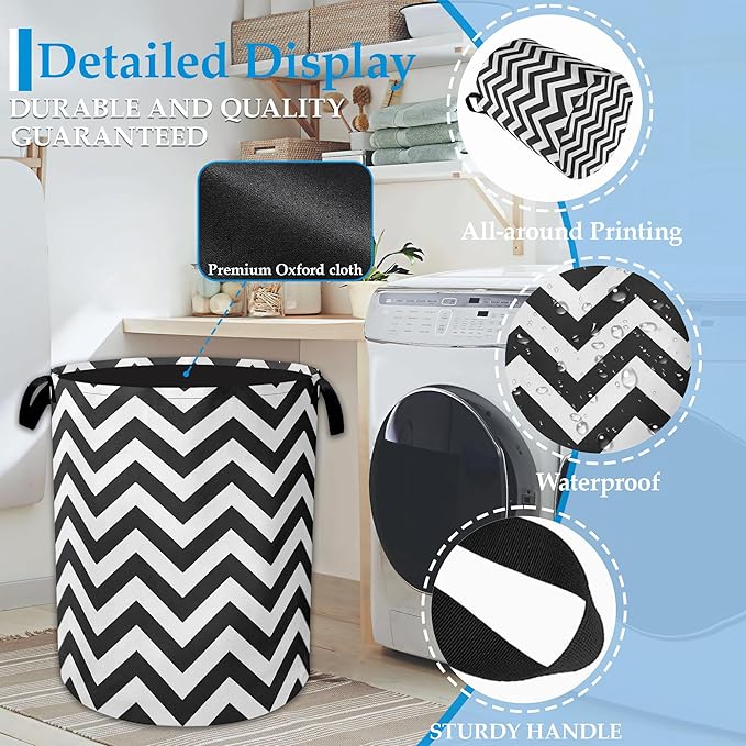 Black Lines Geometric Laundry Basket Collapsible Laundry Hamper Oxford Clothes Toy Storage Bin for Bathroom Bedroom Room Decor 16 X 20.8 Inch