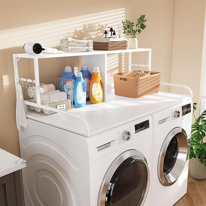 DWVO 2-Tier Washer Dryer Countertop with Shelf, 53" W x 27.6" D with with 2.8" Edge Rails & 2 Hooks, Laundry Countertop for Organization, Washer and Dryer Topper, White
