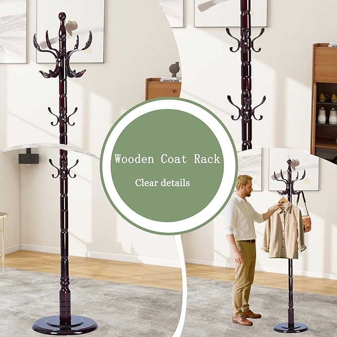 Coat Rack Freestanding,Solid Wooden Coat Rack Stand with 3 Height Options,14 Hooks, Natural Birch Coat Tree Easy to assemble for Clothes Jacket Hat bag Entryway (mahogany) (Fenghuang Gou)