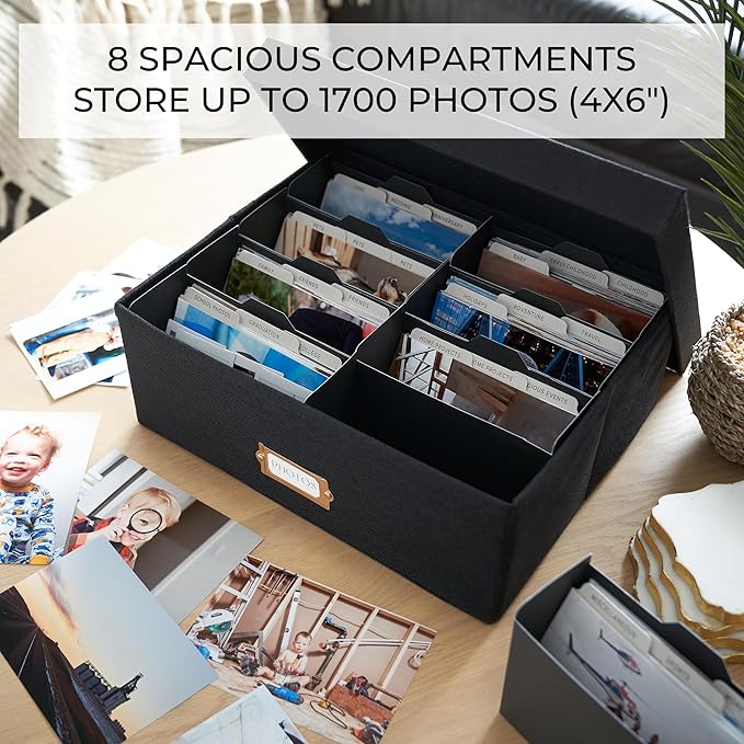 ZICOTO Decorative Photo Storage Box - Sturdy Linen Photo Organizer with Dividers is Perfect to Store Up to 1700 Pictures and 4x6 Photos - Portable Scrapbook Storage Containers with Lid