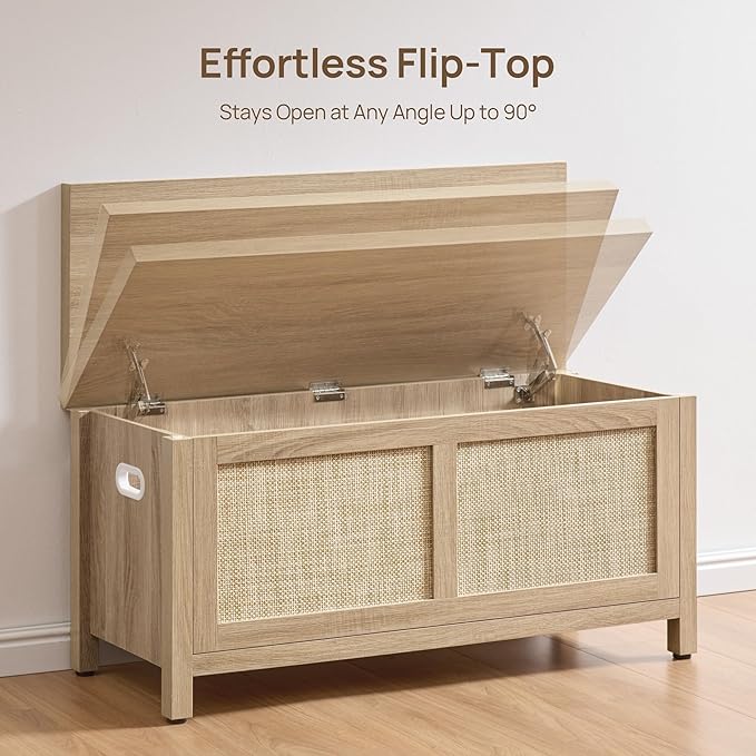 SICOTAS Rattan Storage Chest - 39.4" Storage Bench for Bedroom, Boho Storage Truck with 2 Safety Hinges and Flip Top for Living Room Entryway, Supports 220 lb, Light Oak