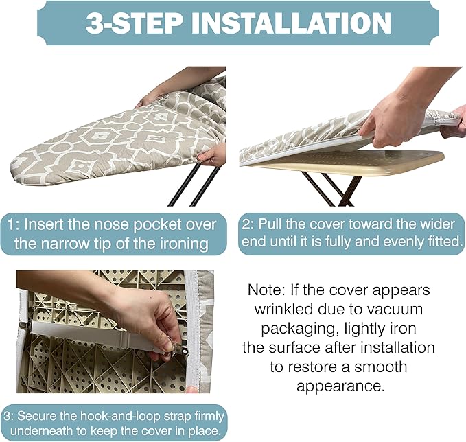 Ironing Board Cover and Pad 15"x54" Extra Thick Natural Cotton, Scorch and Stain Resistant Padding, Standard Size Iron Board Cover with Fasteners Heavy Duty Elastic Edge, Heatproof Geometric