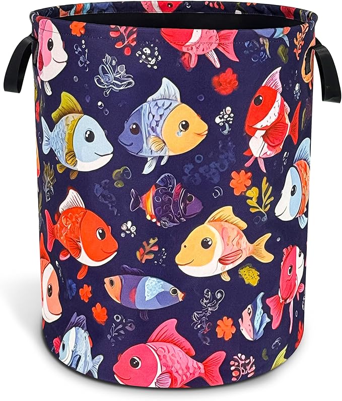 Fish Laundry Basket Funny Cartoon Foldable Oxford Cloth Tote Bag Laundry Hamper Clothes Storage Bucket Toy Organizer For Bathroom/Laundry Storage/Bedroom 18.9x16.5 Inch