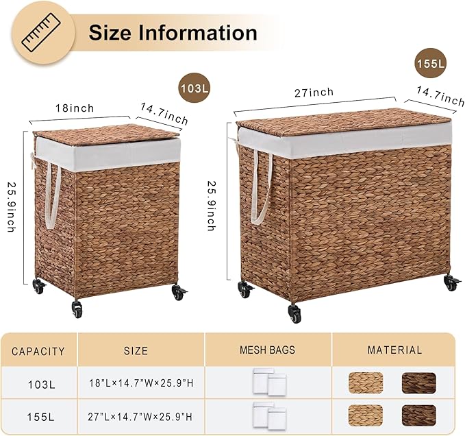 3-Section Laundry Hamper with Lid, Large Capacity Woven Natural Water Hyacinth Laundry Sorter with Removable Liners, Rolling or Non-Slip Design for Bedroom (Espresso, 155L)