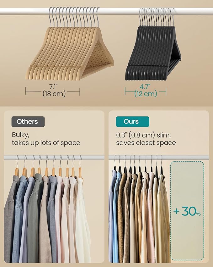 SONGMICS Wooden Hangers, Pack of 20, Coat Hangers, Pants Bar, 360° Swivel Hooks, Solid Birch Wood, 0.3-Inch Thick, Space Saving, for Jackets, Shirts, Coats, Ink Black UCRW040B01