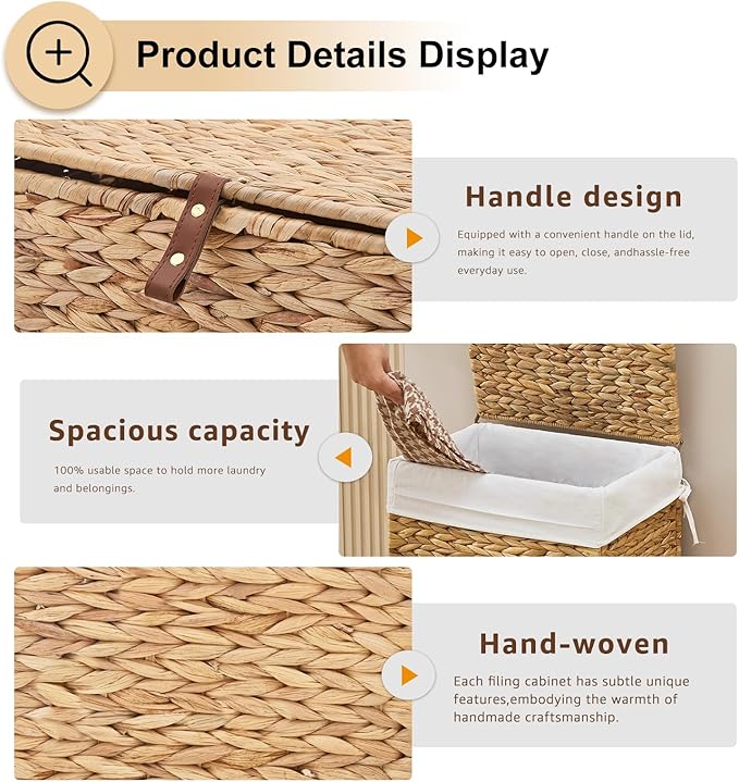 Handwoven Laundry Hamper with Wheels, Natural Water Hyacinth Rolling Laundry Basket with Lid and Removable Liner, Durable and Stylish for Bedroom, Bathroom, Laundry Room (Natural, 65L)