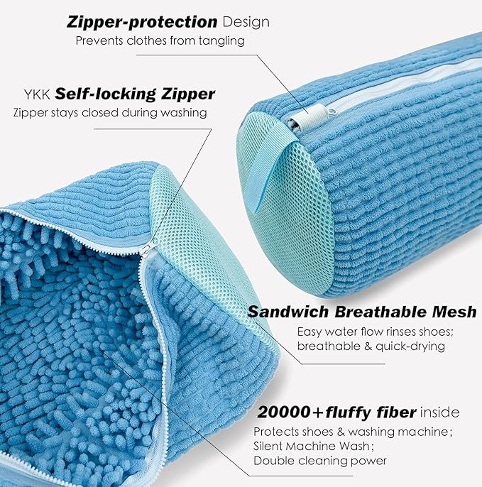 Shoe Washing Machine Bag,Laundry Shoe Bag for Washer and Dryer,Reusable Shoe Cleaning Bag for Sneakers,Tennis Shoes,With Self-locking Zipper, Microfiber Inside,Include Shoes Storage Bag (Blue(2PC))