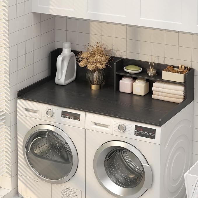 Washer Dryer Countertop, White - 2-Tier Wood 54" x 27.5" Laundry Topper with Safety Guard & Non-Slip Pads, Over The Washer Dryer Folding Shelf for Maximum Space Saving (Black)
