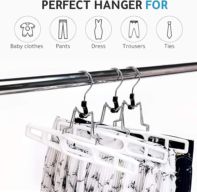Quality Hangers 10 Pack Premium Skirt Hangers - Thin Space Saving Pant Hangers Set with Clamp, Shorts Hangers with Heavy Duty Locking Clasp, Multipurpose Jean Hangers Set - White