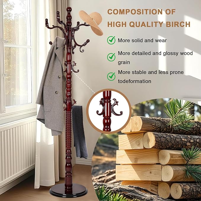 Solid Wood Coat Rack, Free Standing Hall Coat Tree with 14 Hooks, 3 Height Options, 300lbs Load, Stury Base, Clothes Rack for Entryway, Hallway, Bedroom (Disc Base - Rosewood)