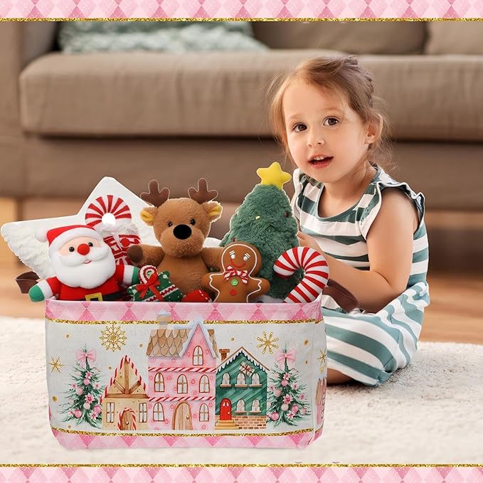 Vesici 6 Pack Pink Nutcracker Christmas Basket for Gifts Empty Christmas Tree Storage Bins Foldable Xmas Gift Basket Rectangle Soldier Ballet Girl Clothes Storage Boxes Organizer with Handle for Home