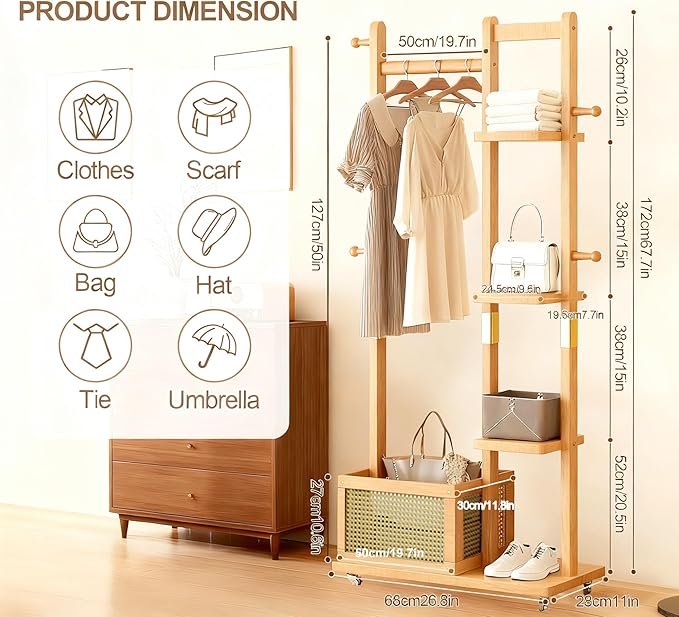 Solid Wood Coat Rack Clothing Rack with Wheels, Clothes Rack Freestanding with Storage, Heavy Duty Garment Rolling Rack Hall Tree with 4 Shelves & 4 Hooks for Entryway Hallway Office