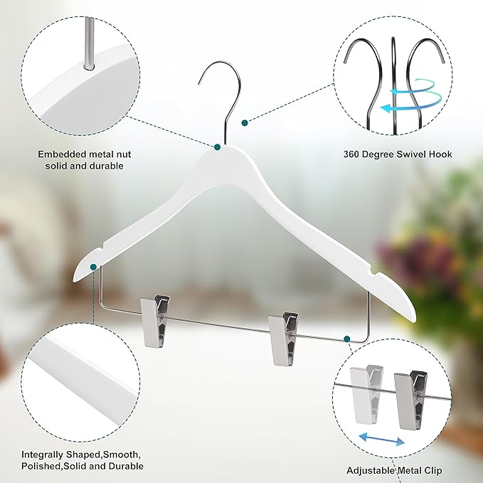 20 Luxury Ultra Thin Space Saving Wooden Skirt Pant Hanger with Adjustable Clips Best for Skirts, Pants, Shirts, Blouses, Dress, Hangers (White - Skirt/Blouse, 20)
