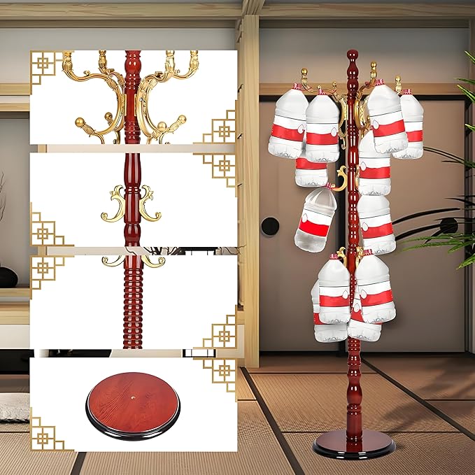 Coat Rack Freestanding, Wooden Tree Coat Rack Stand with 3 Adjustable Sizes Coat Tree and 14 Hooks, Sturdy Hall Tree with Solid Round Base for Entryway, Hallway,Bedroom (Begonia)