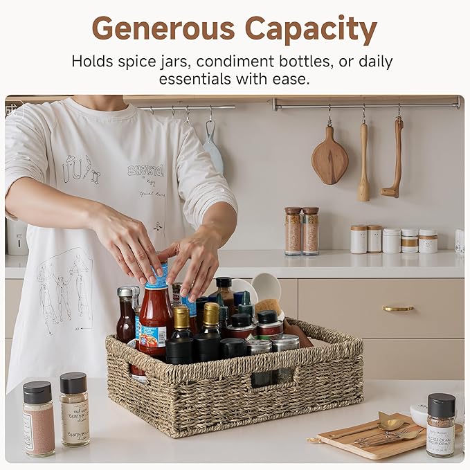 StorageWorks Pantry Baskets, Wicker Storage Baskets for Organizing, Bathroom Shelves, Pantry Organizers and Storage, Seagrass, 15½"L x 11¾"W x 4 ¾"H