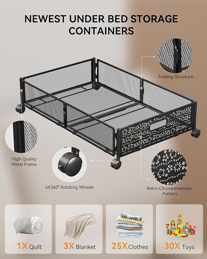 Under Bed Storage with Wheels, Foldable Pattern Carved Metal Under The Bed Storage, Tool-Free Assembly Under Bed Organizer, 60L Underbed Storage for Bedroom Clothes Blankets Shoes Toys-4 Pack