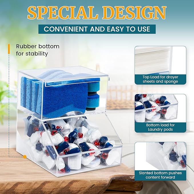 2-Compartment Acrylic Storage Container, Laundry Pods and Dryer Sheet Dispenser, Clear Dishwasher Pod Holder with Lid