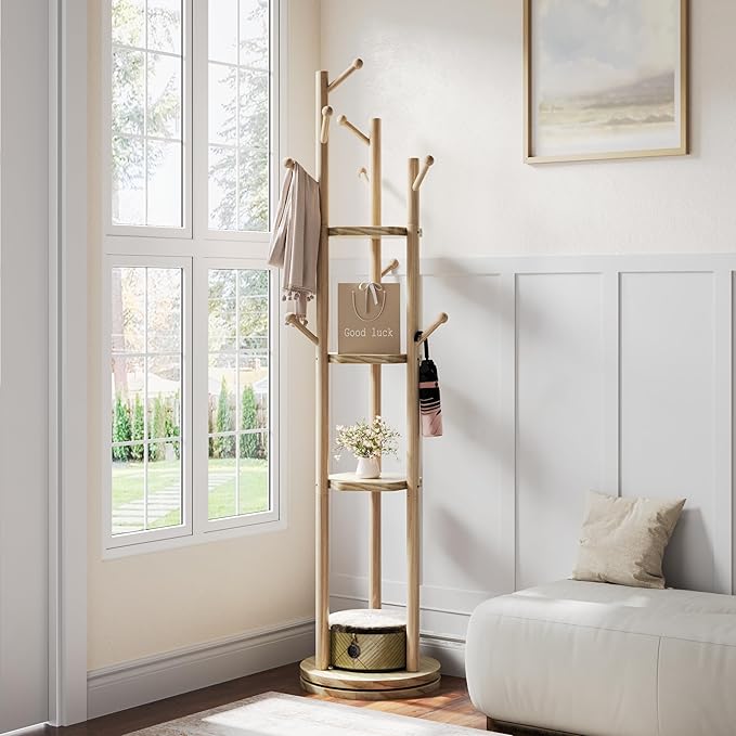 Solid Wood Coat Rack Freestanding, Rotating Coat Rack with 3 Shelves and 9 Hooks, Coat Tree for Bedroom, Entryway, Livingroom, Coat Hanger Stand for Coats, Scarves, Handbags (Natural)