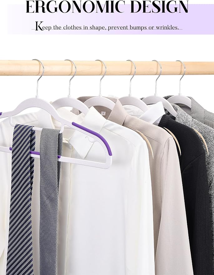 HOUSE DAY Plastic Hangers 100 Pack, White Clothes Hangers with Non Slip Purple TPR Grip, Heavy Duty Coat Hanger with 360º Swivel Hook, Slim Hanger Space Saving for Closet, Ideal for Shirt, Suit, Pant