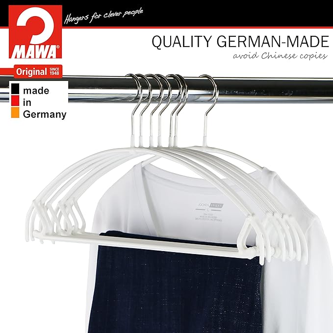 Mawa by Reston Lloyd Euro Ultra Light/Thin Series, Non-Slip Space Saving Clothes Hanger with Bar & Hook for Pants and Skirts, Style 42/PTU, Set of 10, White