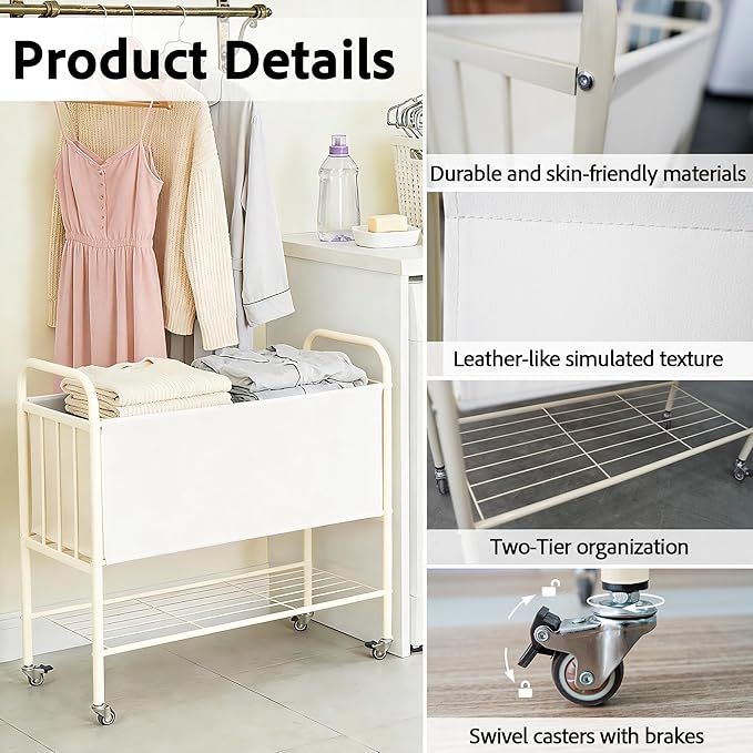 laundry basket with wheels, rolling laundry basket dirty clothes hamper storage cart, double laundry hamper for Bedroom, Laundry Room, Closet, Bathroom, College, 85L Large capacity (White)