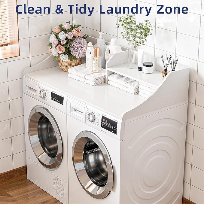 2 Tiers Washer Dryer Countertop, 54" Width x 27.5" Depth Laundry Countertop Organization, Wooden Washer and Dryer Topper for Folding, Sorting & Ironing, Easy to Install, White