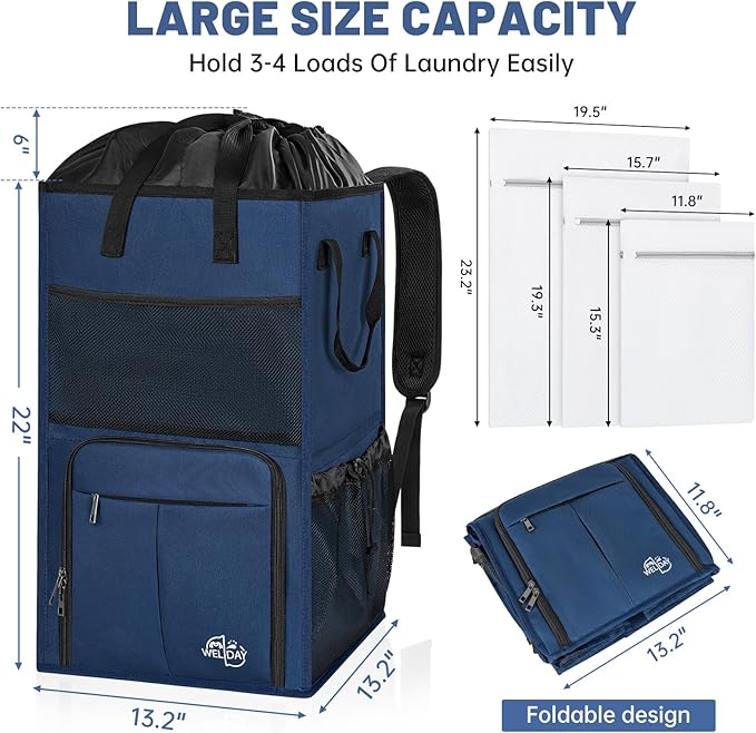 95L Laundry Backpack Bag with 3 Sizes Mesh Wash Bags Empty, Extra Large 2 in 1 Laundry Hamper Basket with Shoulder Straps, Freestanding Laundry Bag for College Dorm, Laundromat, Apartment (Blue)