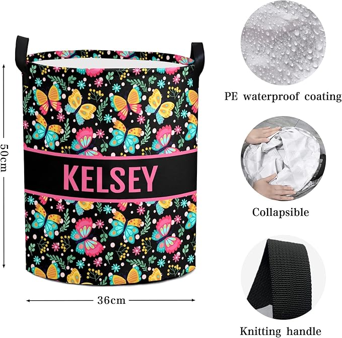 Large Custom Name Laundry Hamper, Butterfly Personalized Dirty Clothes Hamper Storage Basket with Name for Bathroom Bedrooms, Customized Name Circular Hamper with Handles for Baby Boys Girls Men Women