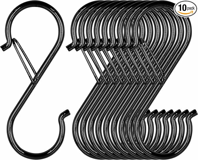 Vantasii 10 PCS S Hooks, Rustproof S-Shaped Hook with Safety Buckle Heavy Duty Metal S Hanging Hook for Clothes, Pots, Pans, Kitchen Utensil, Cubicle, Closet Rob, Bags (3.5 inch, Black)