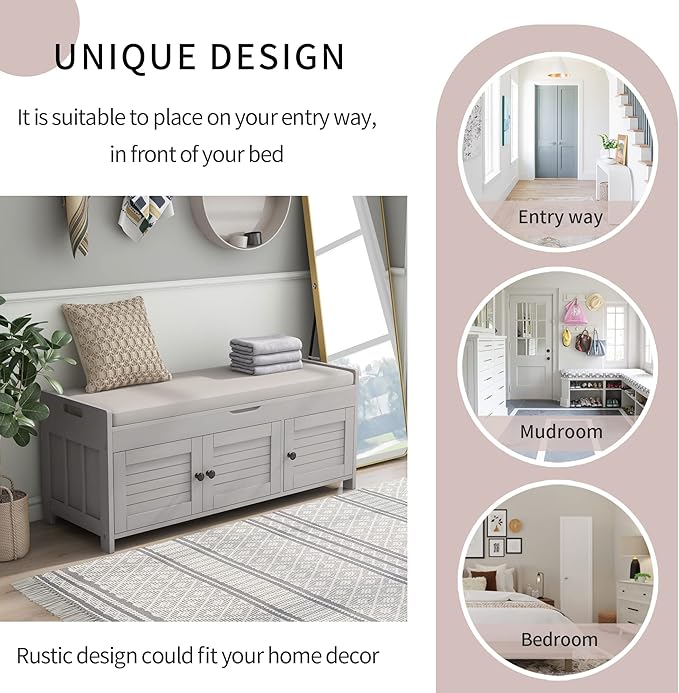 SOFTSEA Storage Bench with 3 Shutter-Shaped Doors, Entryway Shoe Bench with Removable Cushion and Hidden Storage, Wooden Storage Ottoman for Entryway, Living Room, Bedroom, Grey