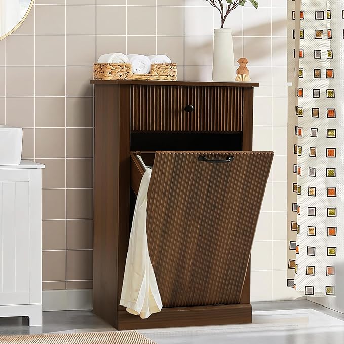 Grepatio Tilt Out Laundry Hamper, Fluted Laundry Hamper Cabinet, 11 Gallon Hidden Trash Can, Wooden Garbage Can Cabinet with Drawer, Free Standing for Bathroom, Kitchen (Brown, Single)