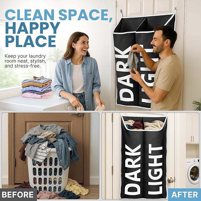 Hanging Laundry Hamper Bag XL 40x22", Space Saving over the Door Storage Bags, Behind the Door Hampers for Dirty Clothes & Wall Mounted Basket for Bathroom, Organizer for Small Room Spaces RV