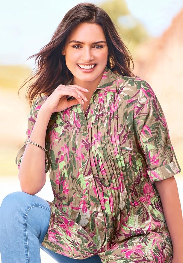 Woman Within Plus Size Pintucked Button Down Gauze Shirt