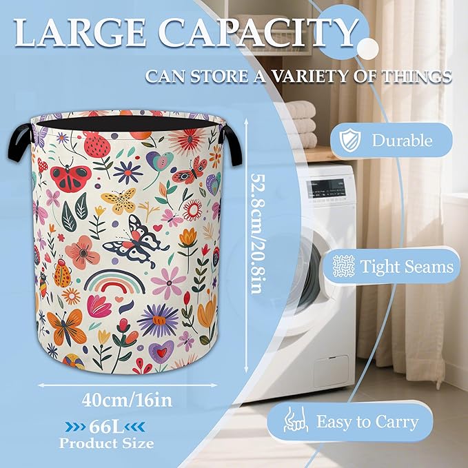 Colorful Butterfly Flowers Laundry Basket Collapsible Laundry Hamper Clothes Toy Storage Bin for Bathroom Bedroom Room Decor 16" X 20.8"