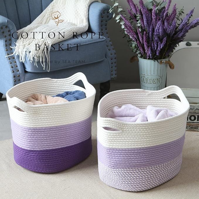 Sea Team Oval Large Cotton Rope Woven Storage Basket with Handles, Diaper Caddy, Baby Shower Basket, Nursery Nappies, Clothes Toys Organizer for Kid's Room, 16 x 13 inches, White & Lavender
