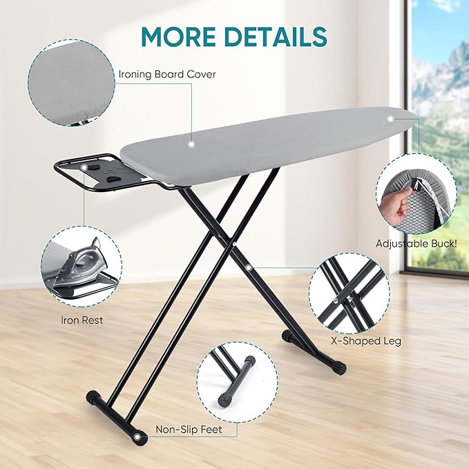 Ironing Board 13" X 43" W/Height Adjustable,Safety Iron Rest,Extra Heavy Cover,Heat & Scorch Resistant Fabric, Anti-Skid Feet,Easy to Fold