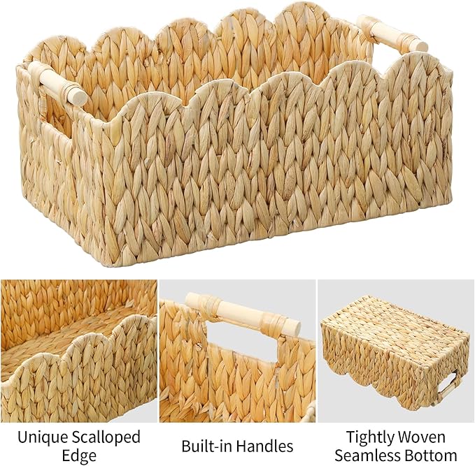 Scalloped Edge Wicker Basket,Hand-Woven Rattan Baskets with Wooden Handles,Natural Water Hyacinth Basket for Laundry,Shelves,Rectangular Set of 2