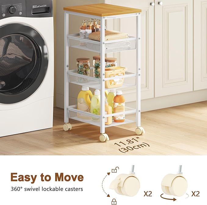 Hoctieon Rolling Storage Cart, 4-Tier 11.8" Wide Rolling Kitchen Storage Cart, Utility Cart with Handle & Wheels, Mobile Shelving Unit, Metal Frame Narrow Cart for Home Kitchen, Laundry, Oak Beige