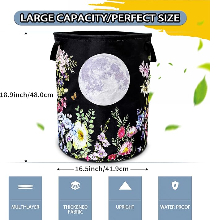 Full Moon Laundry Basket Colorful Flowers Foldable Oxford Cloth Funny Tote Bag Laundry Hamper Clothes Storage Bucket Toy Organizer For Bathroom/Laundry Storage/Bedroom 18.9x16.5 Inch
