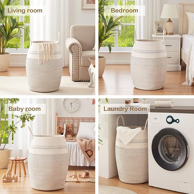 OIAHOMY Laundry Hamper Woven Cotton Rope Large Clothes Hamper 25.6" Height Tall Laundry Basket with Extended Cotton Handles for Storage Clothes Toys in Bedroom, Bathroom, Foldable (Light Grey)