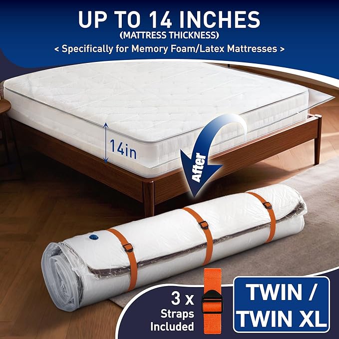 Mattress Vacuum Storage Bag for Memory Foam, Latex and Hybrid Mattress, Easy Moving and Storage (Twin/Twin XL Size)